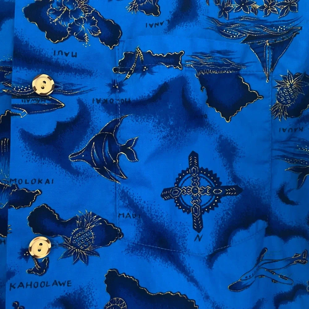Ui Maikai Hawaiian Shirt VTG Men's Medium‎ Blue Island Map Print Aloha Button Up